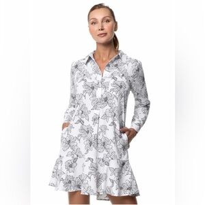 Coolibar UPF 50+ Castaneda Long Sleeve Shirt Dress In White/Black Peony S